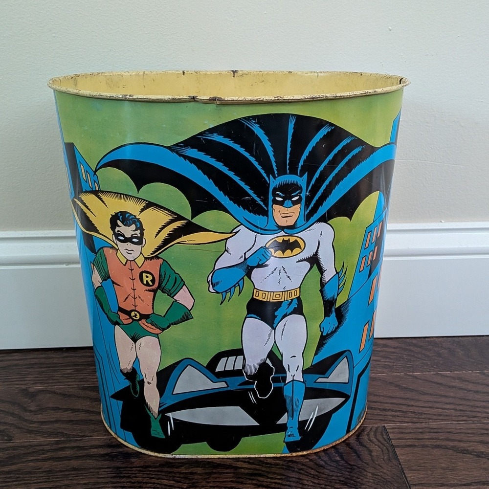 Vintage Cheinco 1966 Batman and Robin Metal Trash Can DC Comics Memorabilia
